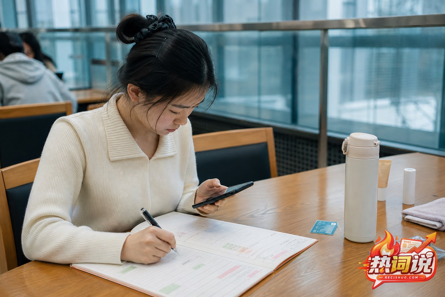 大学生在校园公共学习区核对消费记录并整理月度预算