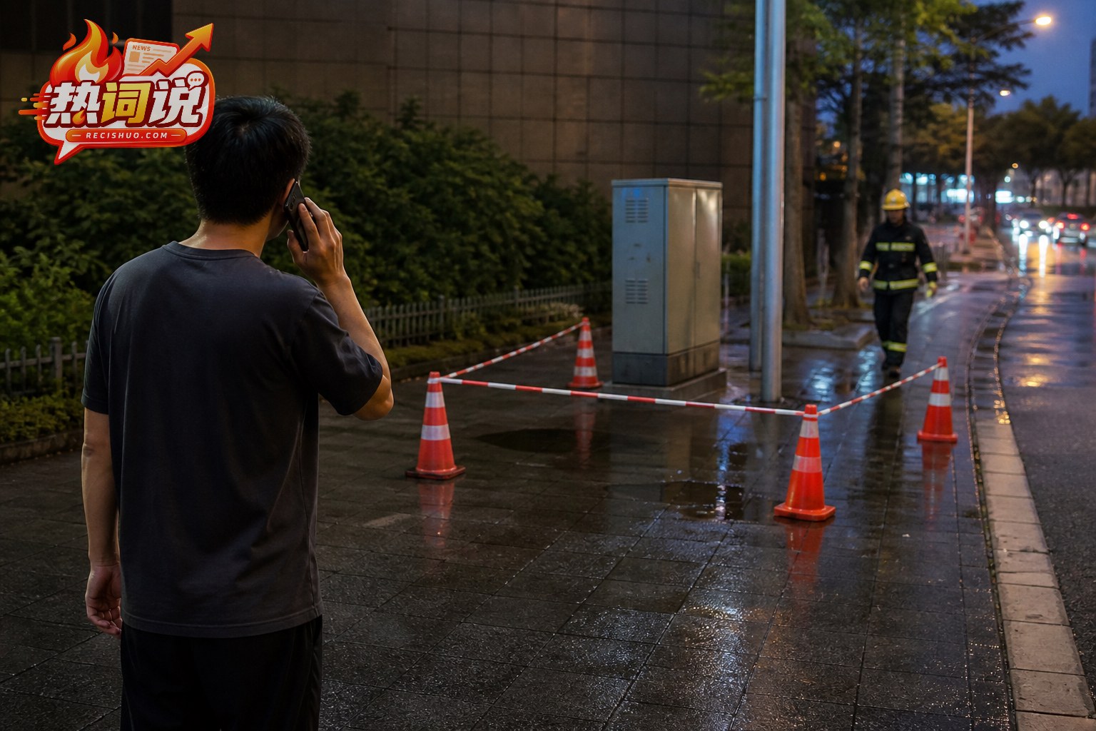 行人在警戒区域外拨打求助电话并等待专业人员处置