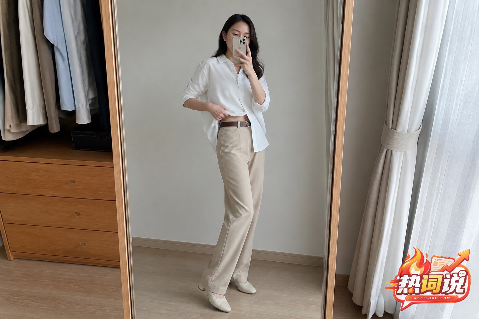 女性穿燕麦色直筒裤在落地镜前用手机进行全身自拍