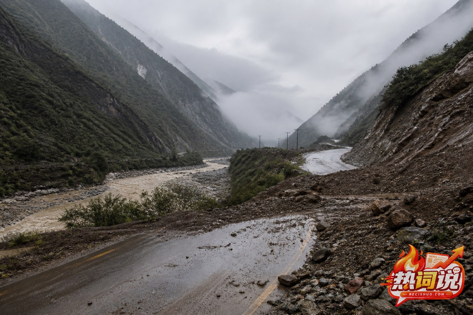 雨雾笼罩的高山峡谷中,泥石流堆积物阻断沿河公路的示意场景