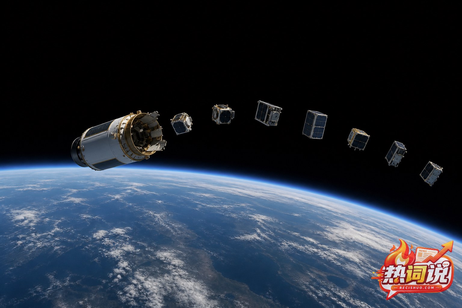 七颗小卫星从上面级依次分离并进入预定轨道的示意场景