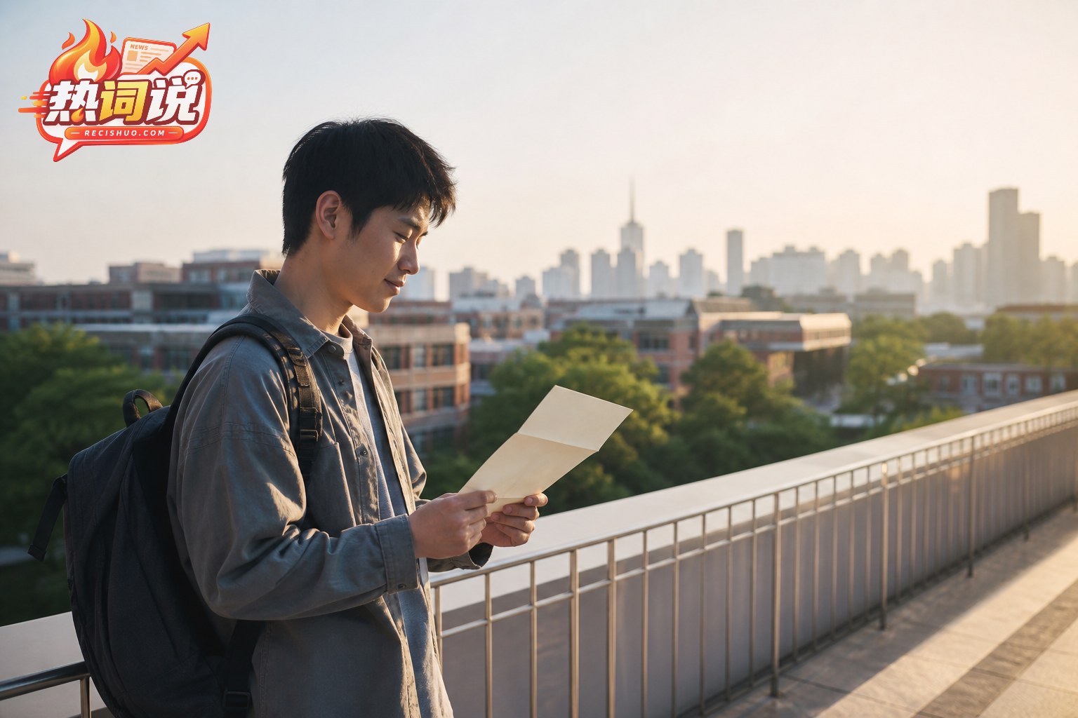 清晨城市与校园背景中,一名年轻人手持素色信纸安静阅读