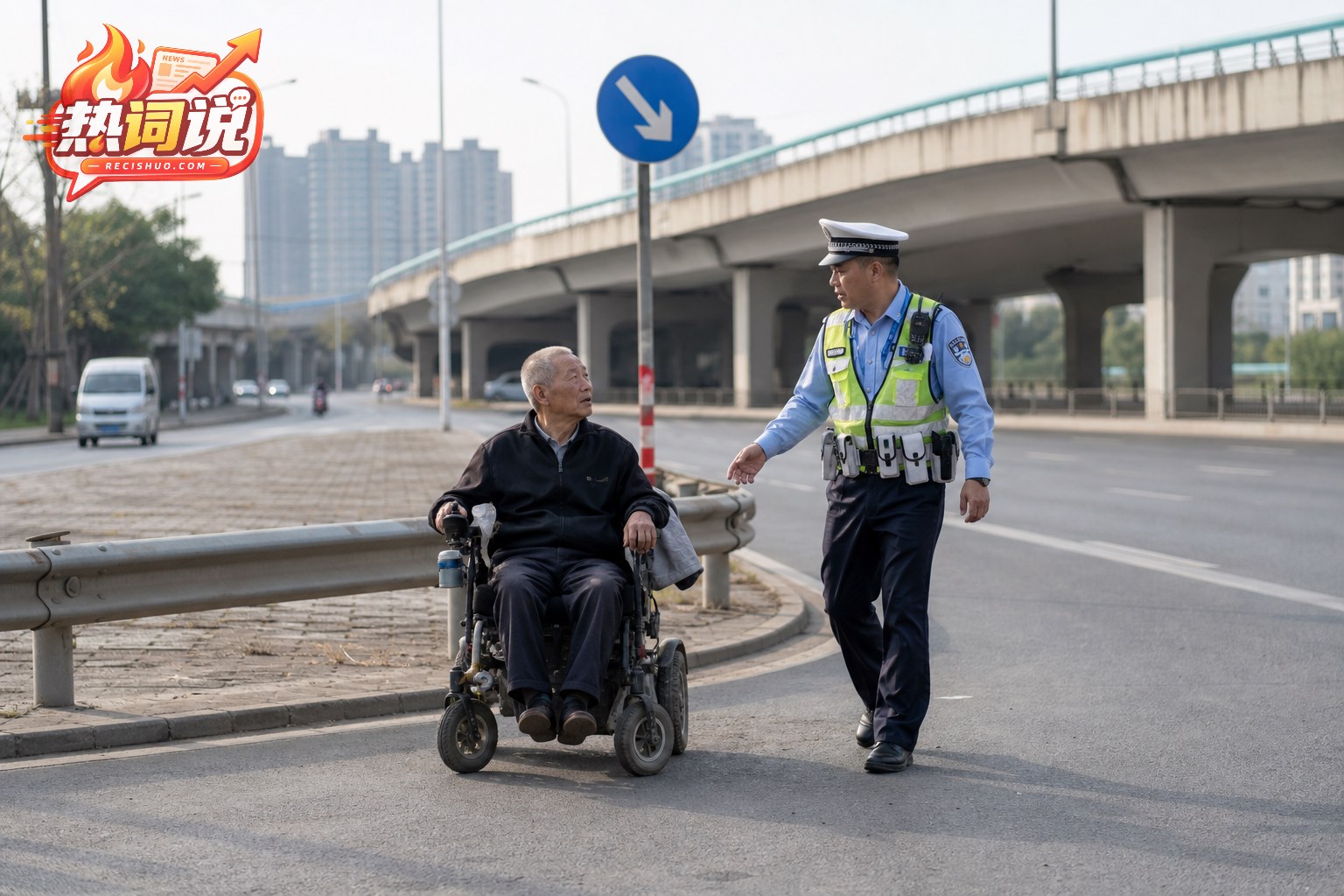 城市高架附近交警引导乘电动轮椅老人前往安全区域