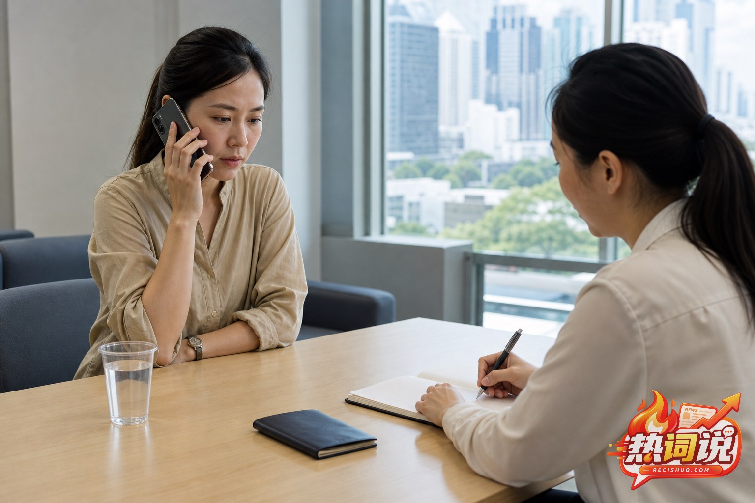 安全接待室内,一名亚洲女性与家人通话并由工作人员记录情况