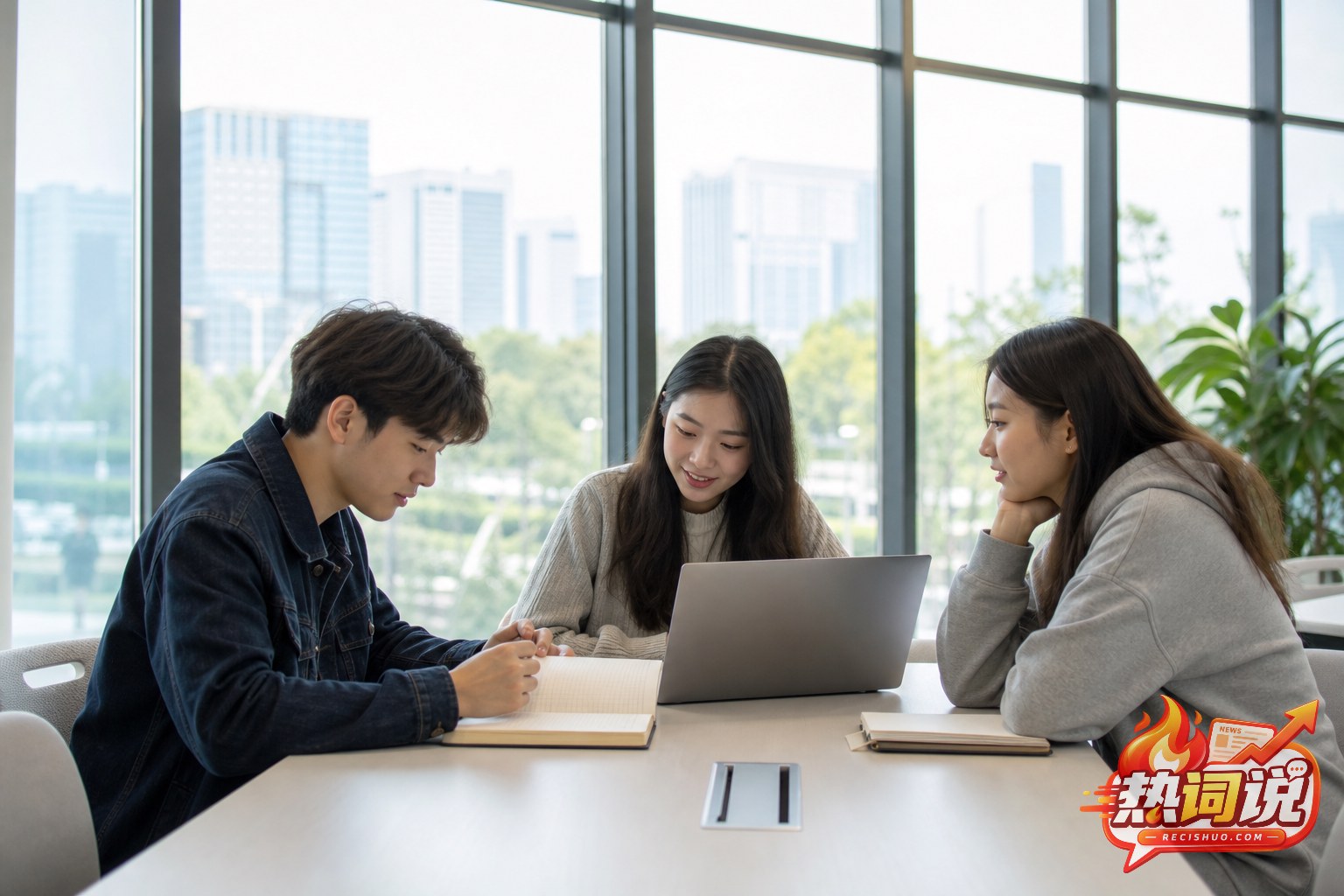 三名年轻人在明亮的共享空间里围桌学习和交流