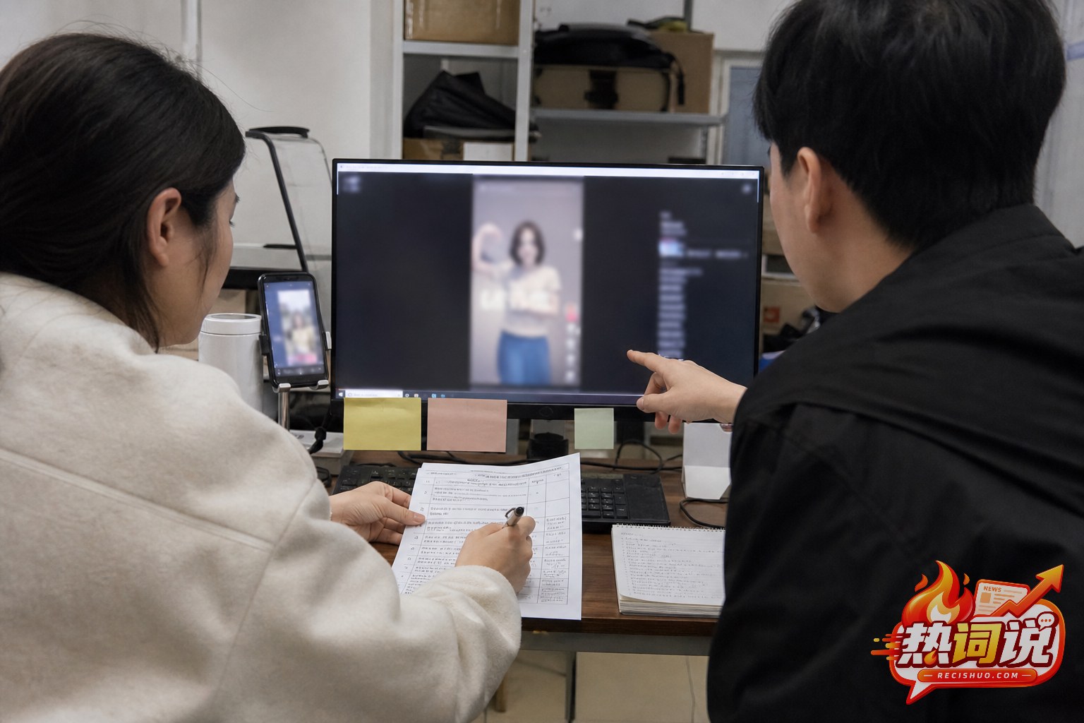 两名电商内容运营人员在电脑前共同复核短视频和审核清单