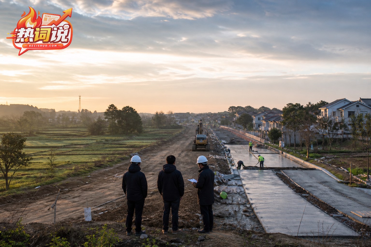清晨基层工作人员在乡村民生道路建设现场查看工程进度