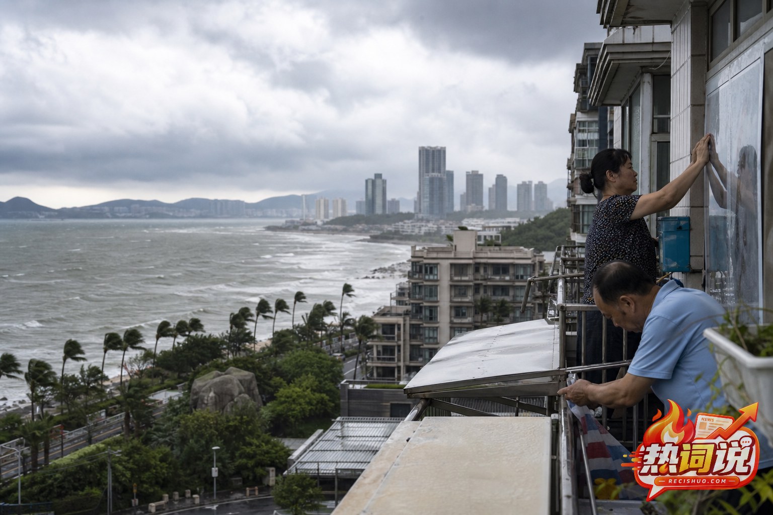 台风临近沿海城市时居民加固门窗并收拢阳台物品