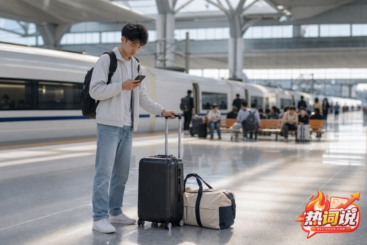 大学新生携带行李在铁路车站查看手机准备乘车