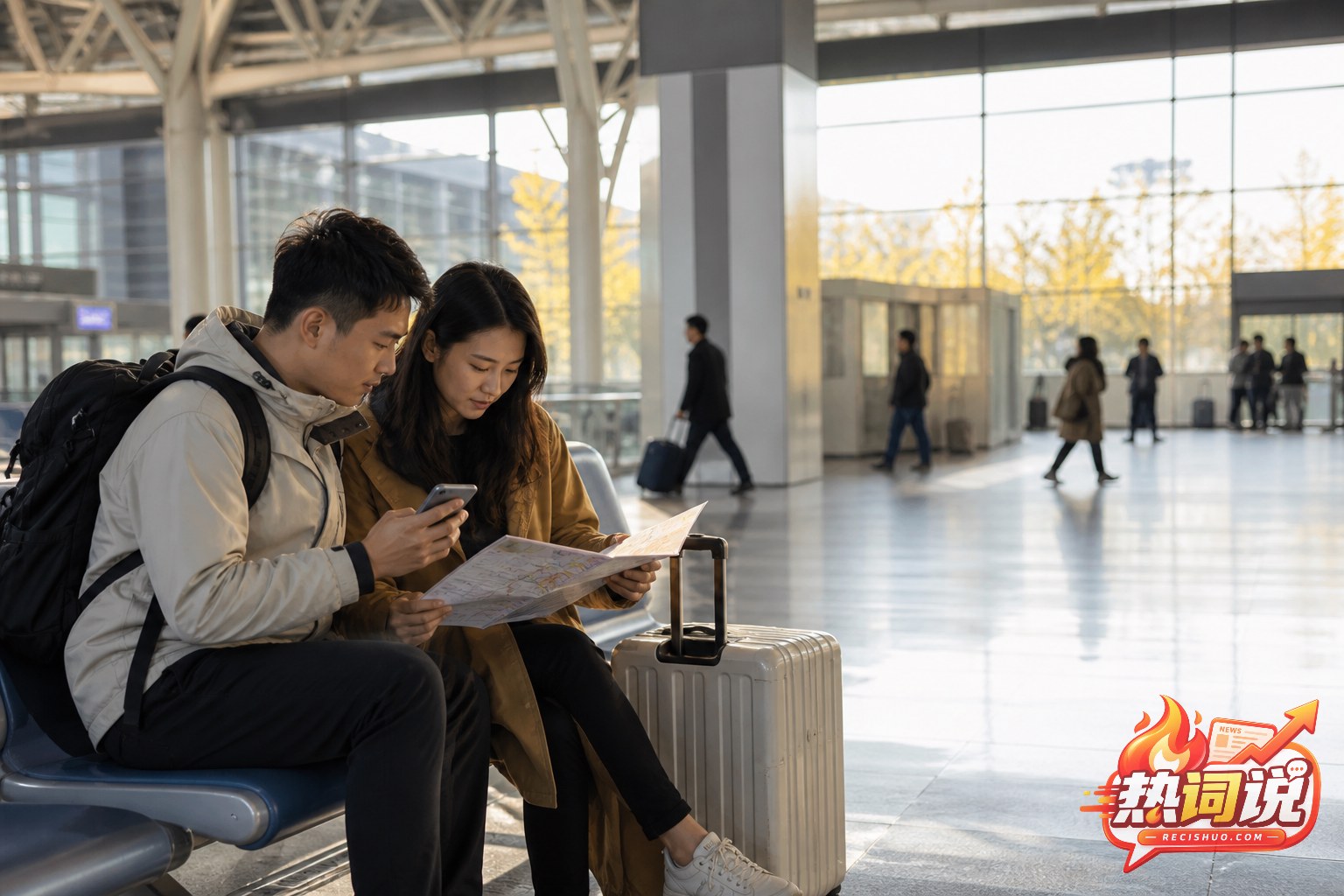 年轻旅行者在高铁站候车区查看手机行程和路线图