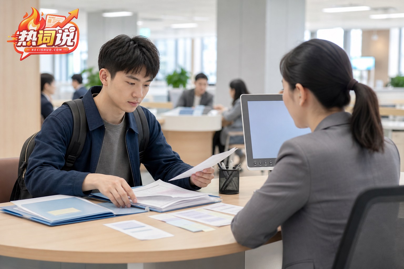毕业生整理劳动合同等材料并向公共服务窗口工作人员咨询