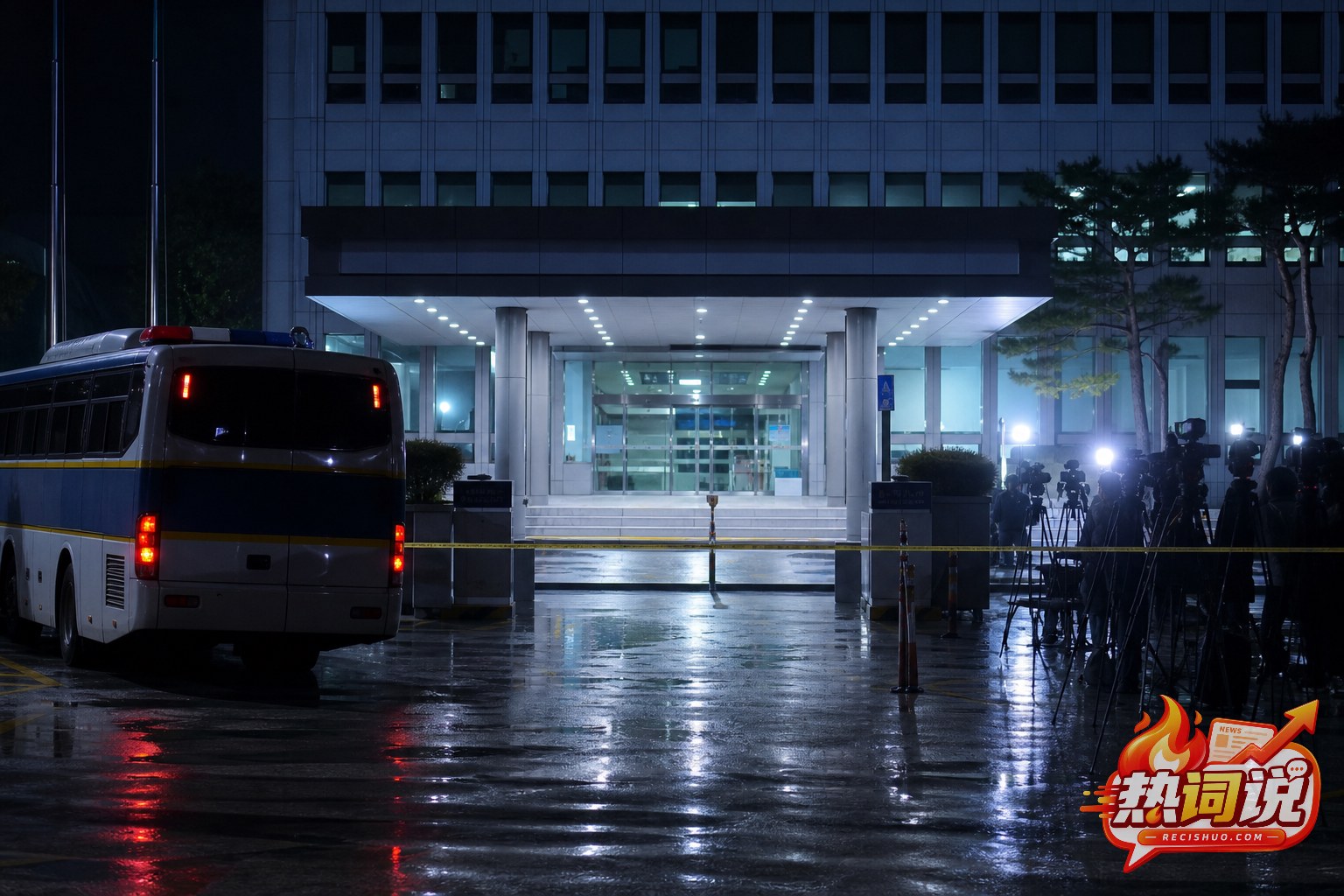 韩国一处警务机构夜间停有押送车辆并有媒体在警戒线外等候