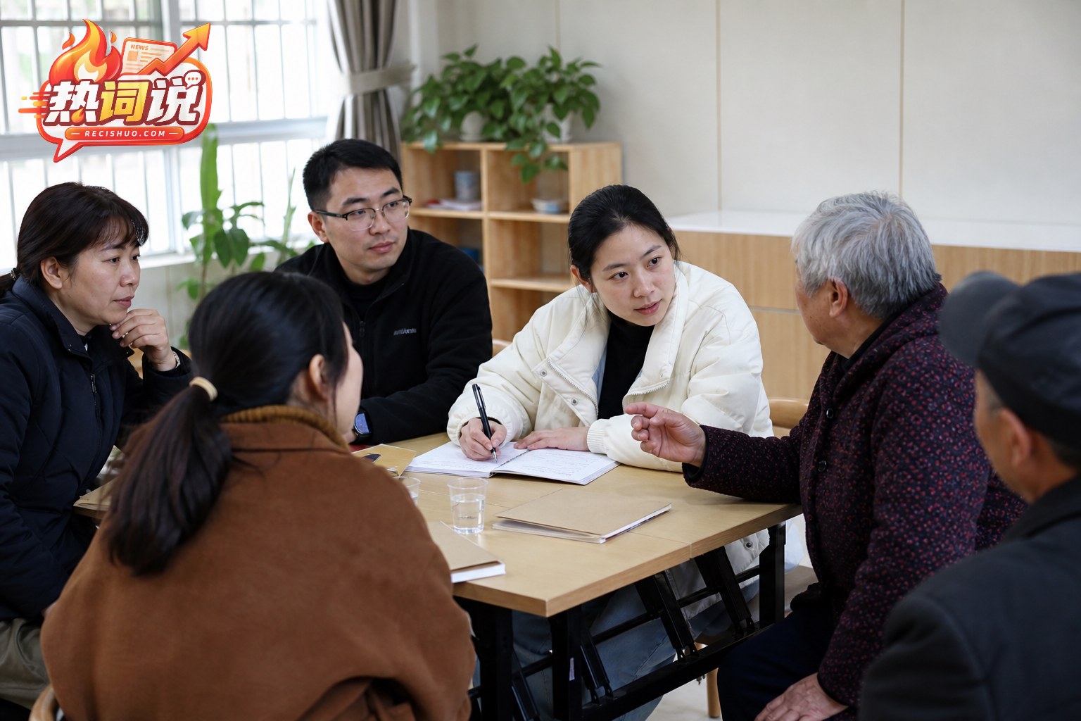 社区工作人员围桌倾听居民意见并认真记录实际需求