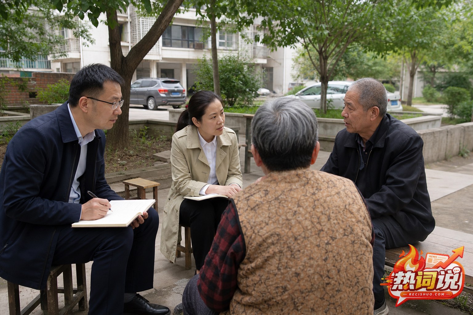 工作人员在居民小区走访群众并认真记录实际诉求