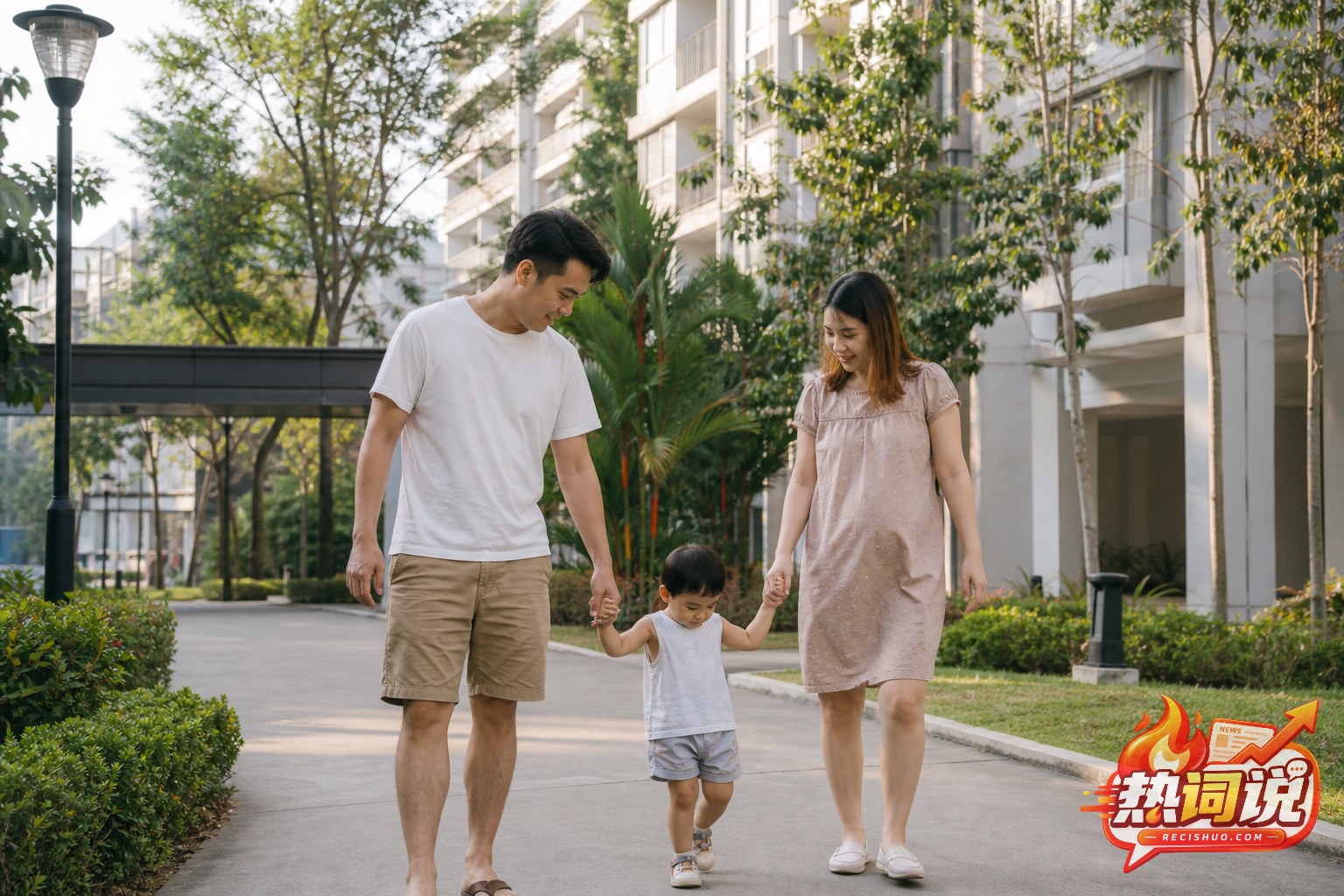 新加坡现代住宅区内父母牵着幼儿散步的家庭生活场景