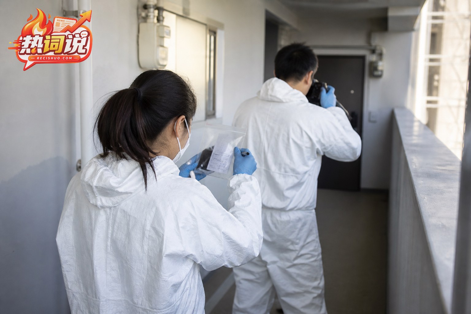 调查人员在公寓走廊记录现场并规范封存相关物证