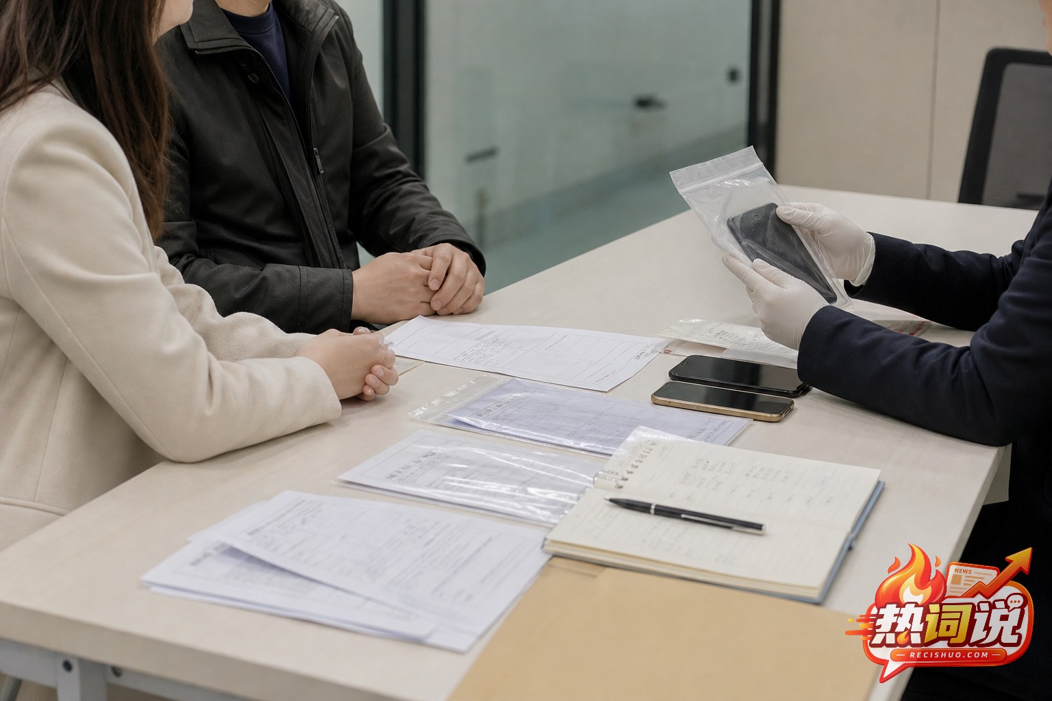 成年女性在家属陪同下向接待人员提交病历、手机和时间线等材料