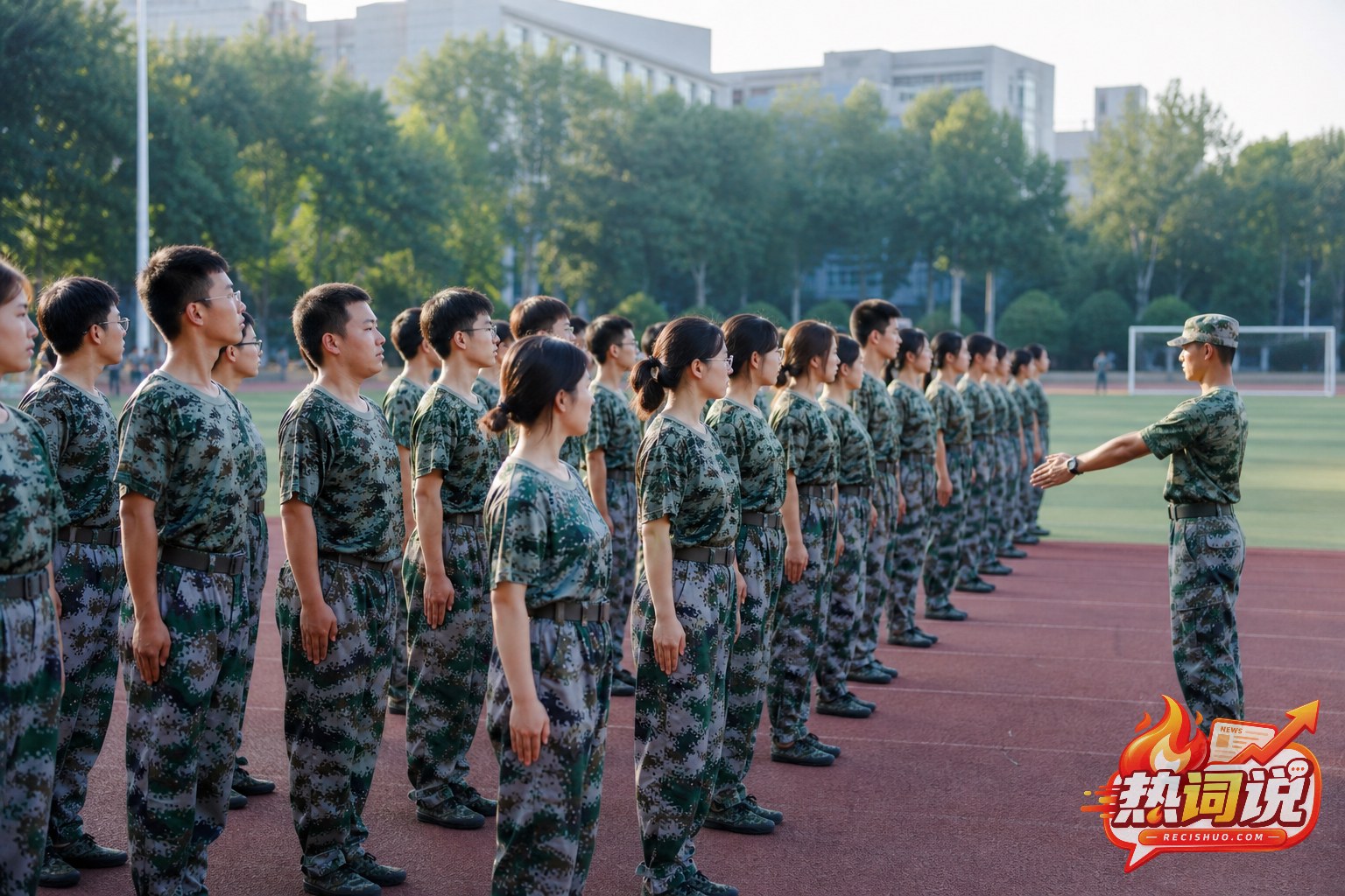 清晨大学操场上,新生身着迷彩训练服列队听取动作讲解