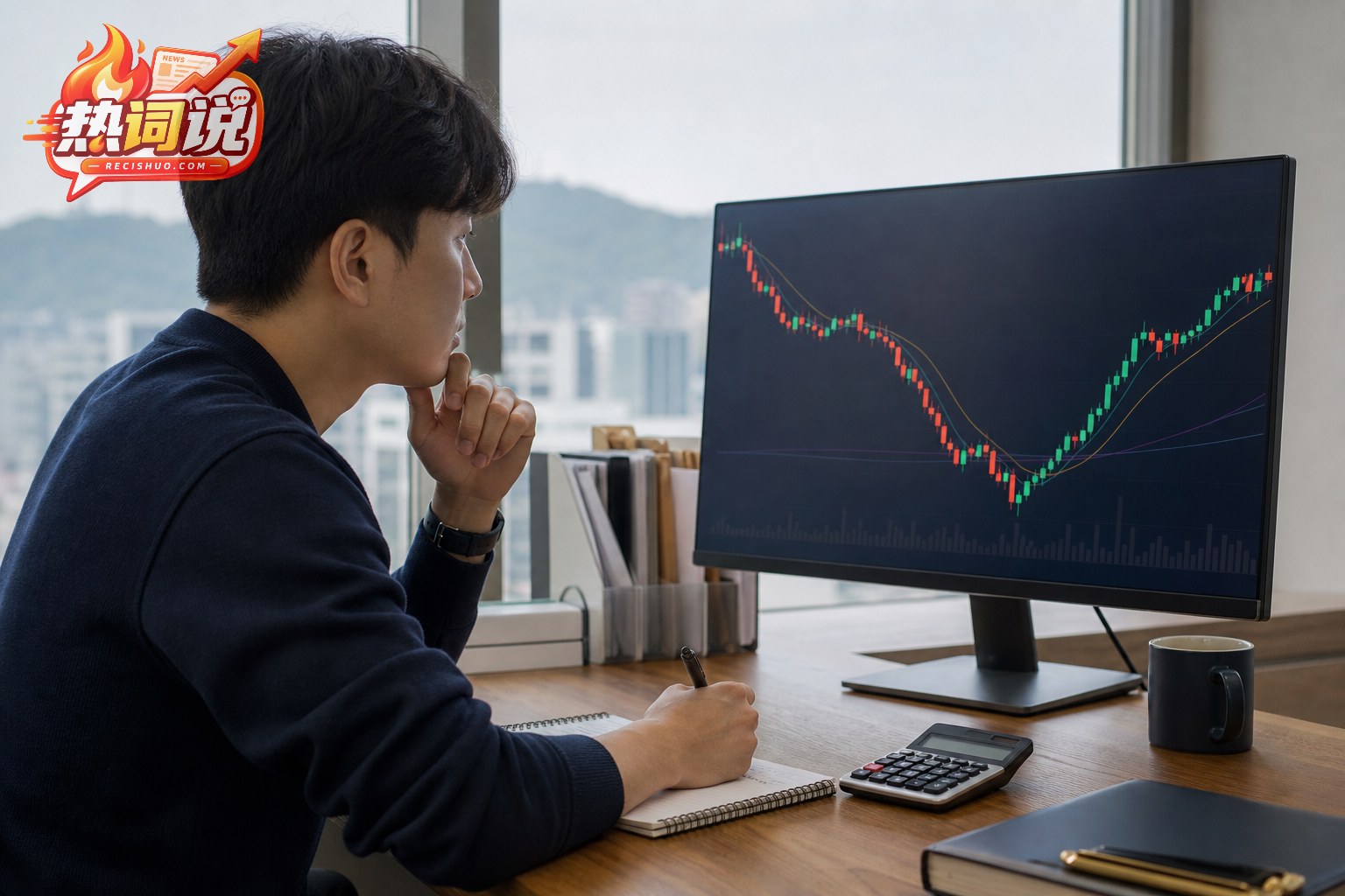 分析人员在办公桌前观察先急跌后回升的V形盘中走势图