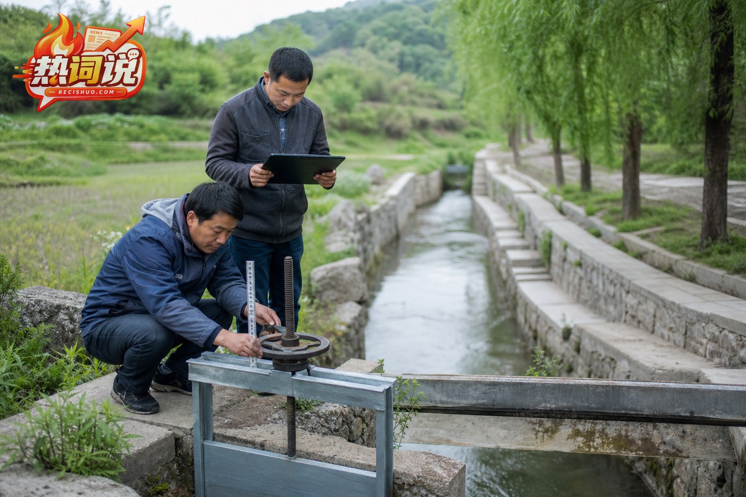 基层工作人员在乡村水利工程现场复查设施运行情况