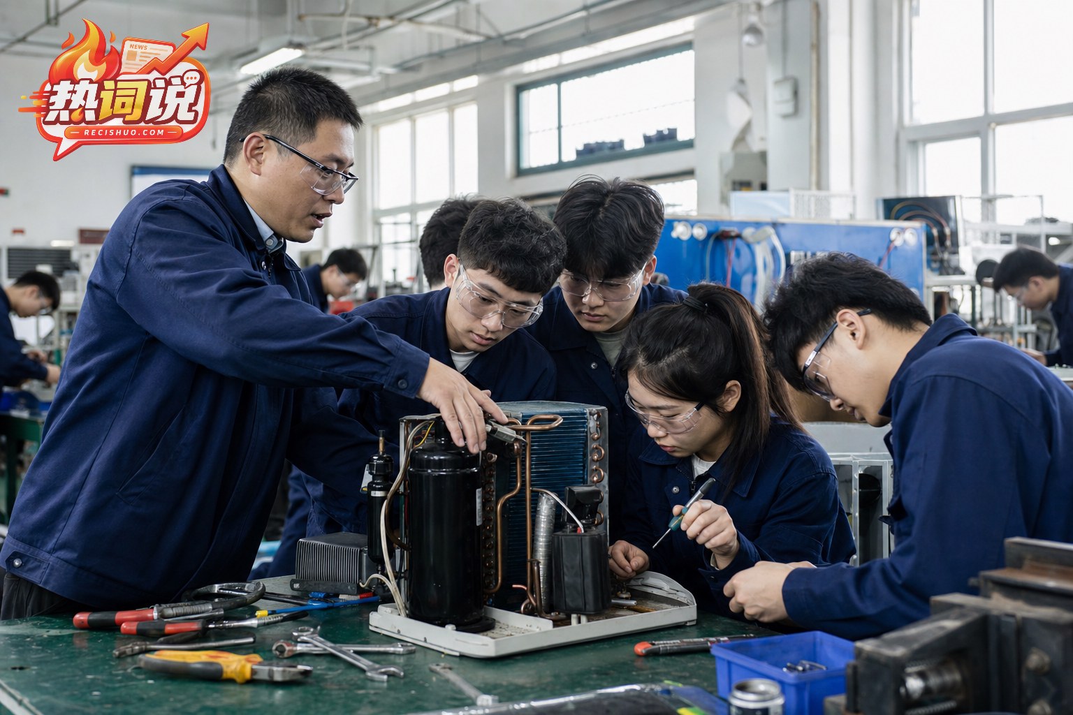 教师指导职业学校学生检查空调设备部件,学生佩戴护目镜进行实训