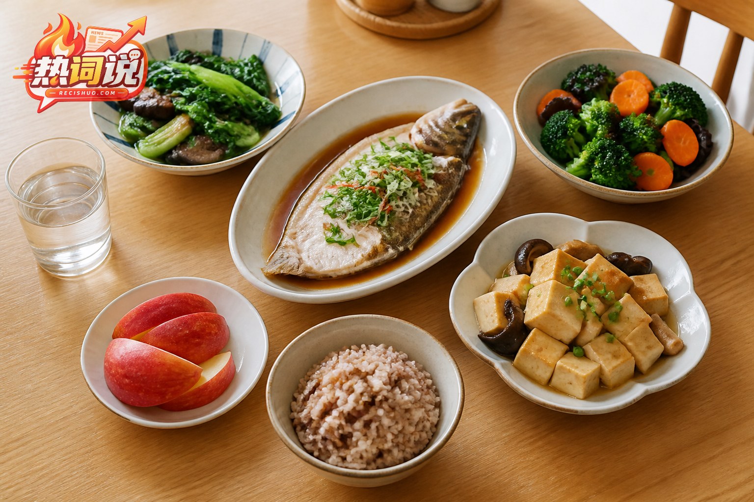 包含杂粮饭、鱼、豆腐、蔬菜和完整水果的均衡家常餐