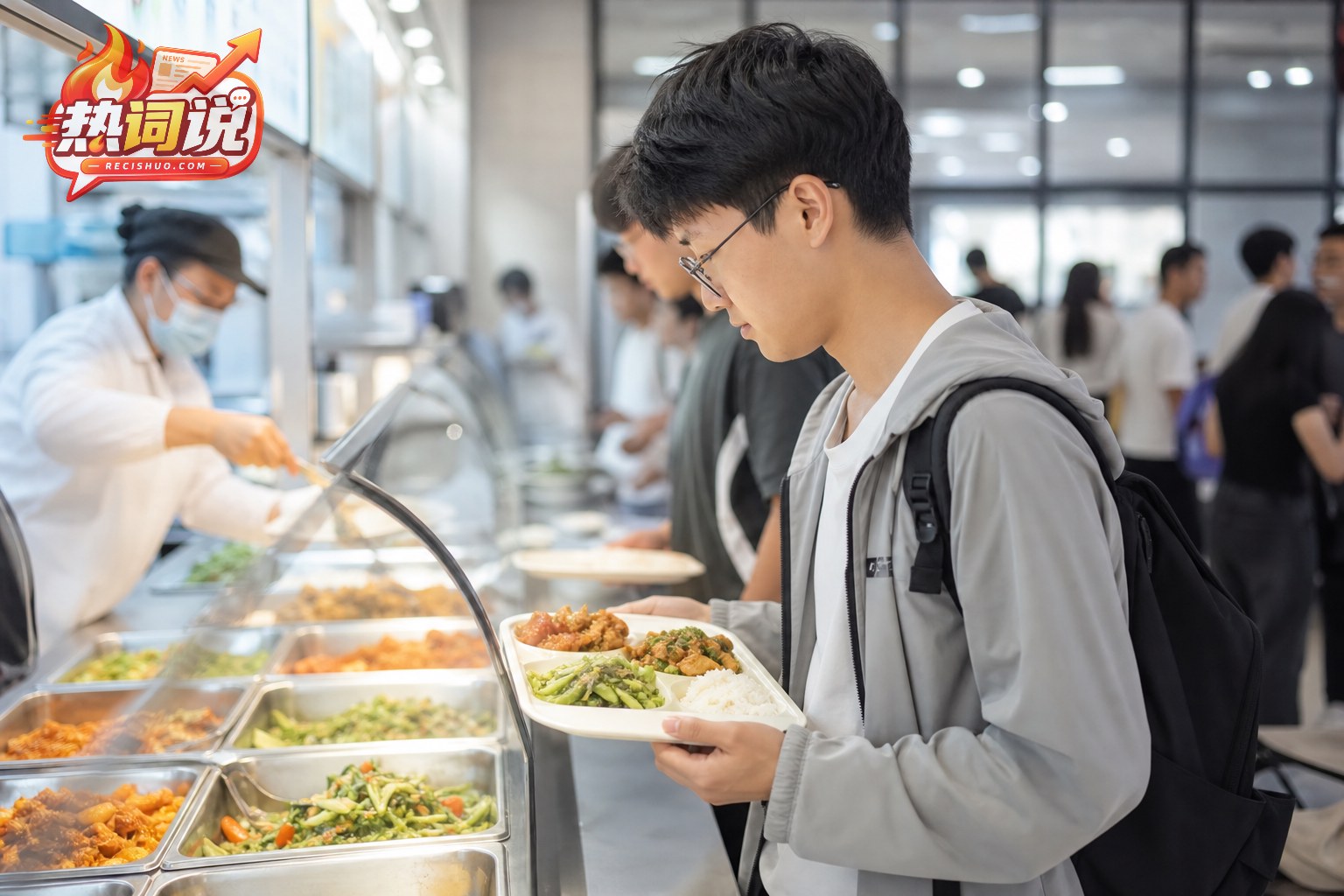 大学生在校园食堂窗口选择日常套餐