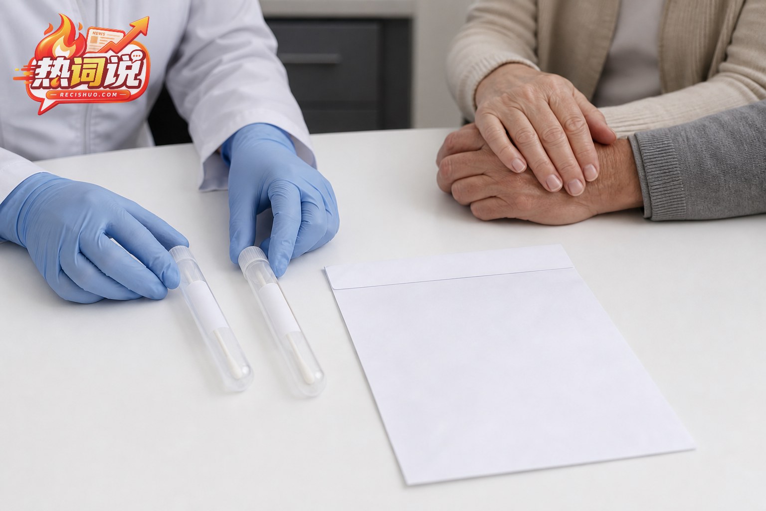 专业人员在咨询桌上整理口腔拭子样本,两位老人握手等待说明