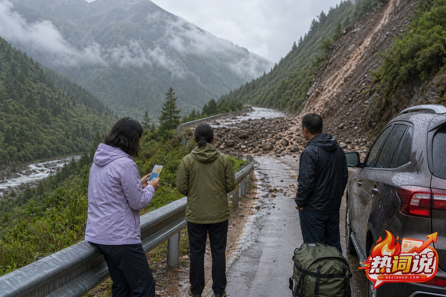 山区道路遭泥石流阻断后人员停车观察预警信息的避险示意图