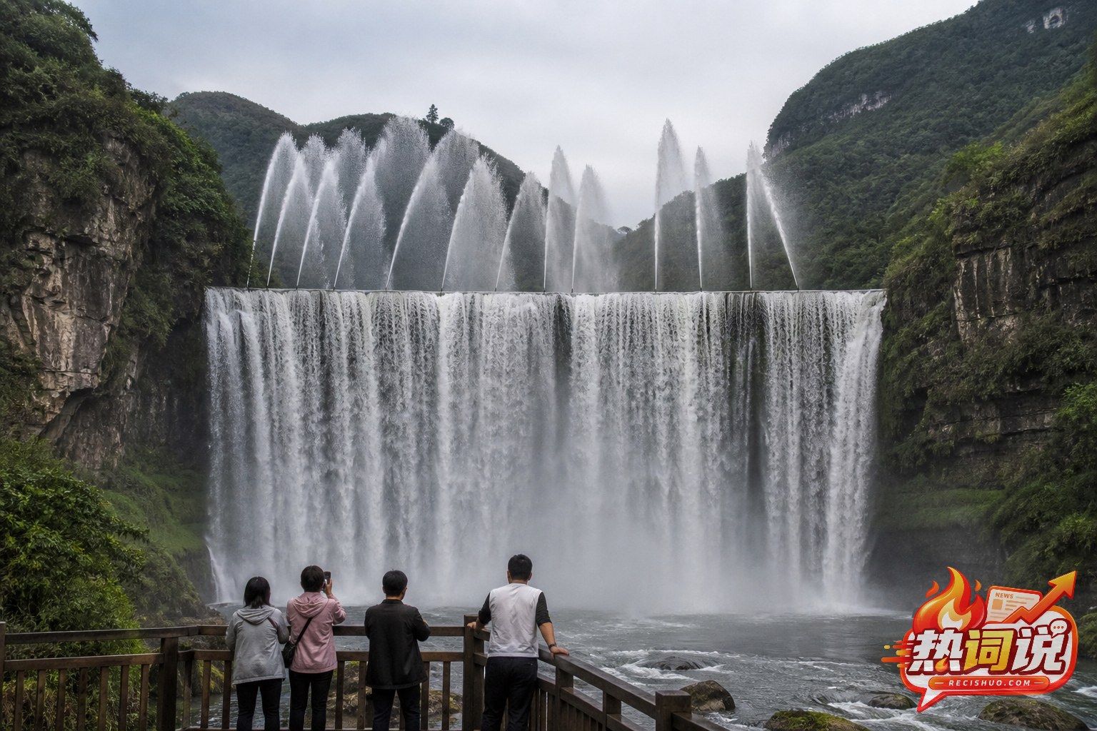 宽阔自然瀑布上方短时开启人工水柱、游客在观景台远眺的新闻配图