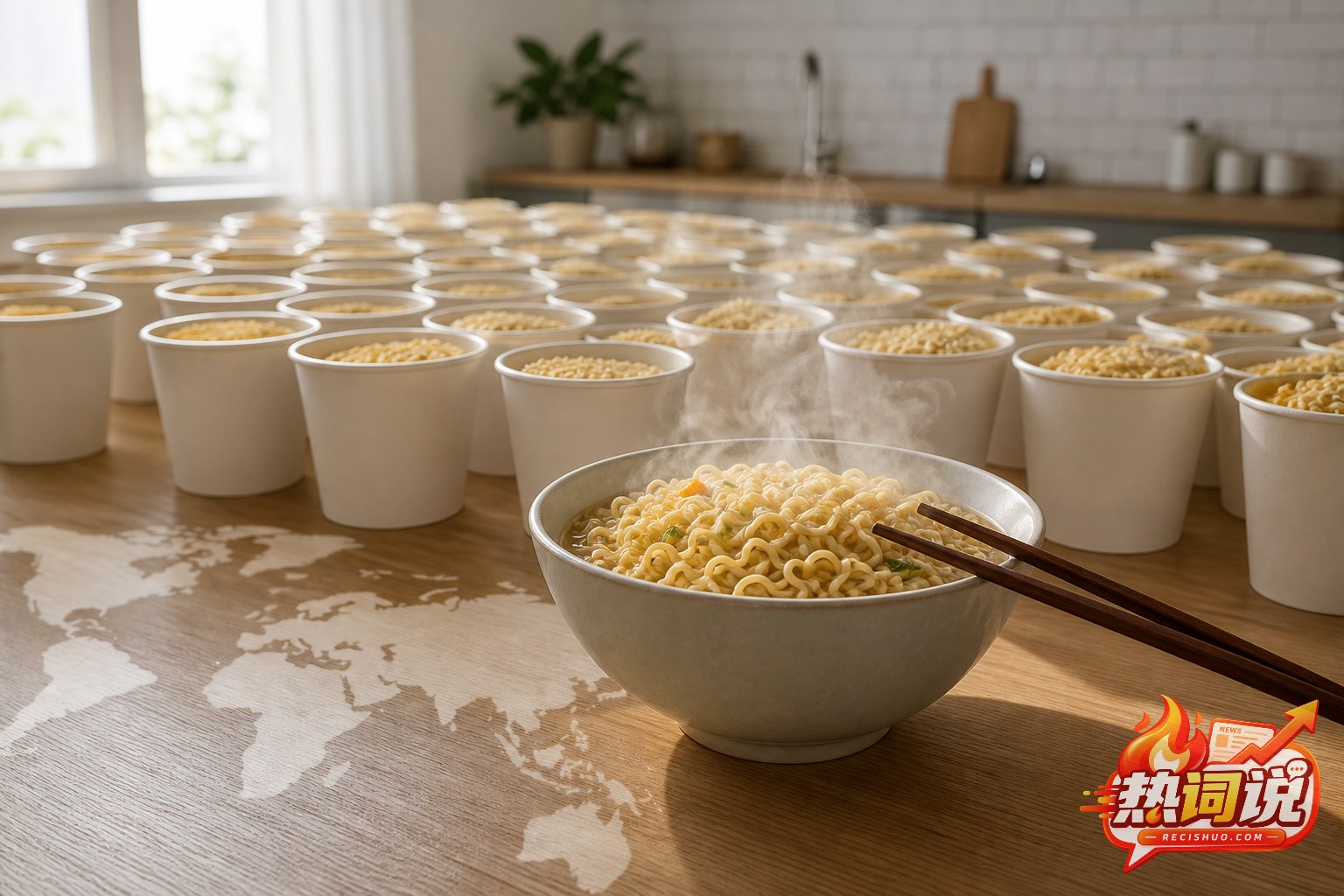 热气腾腾的方便面与大量无品牌面杯组成全球消费规模场景