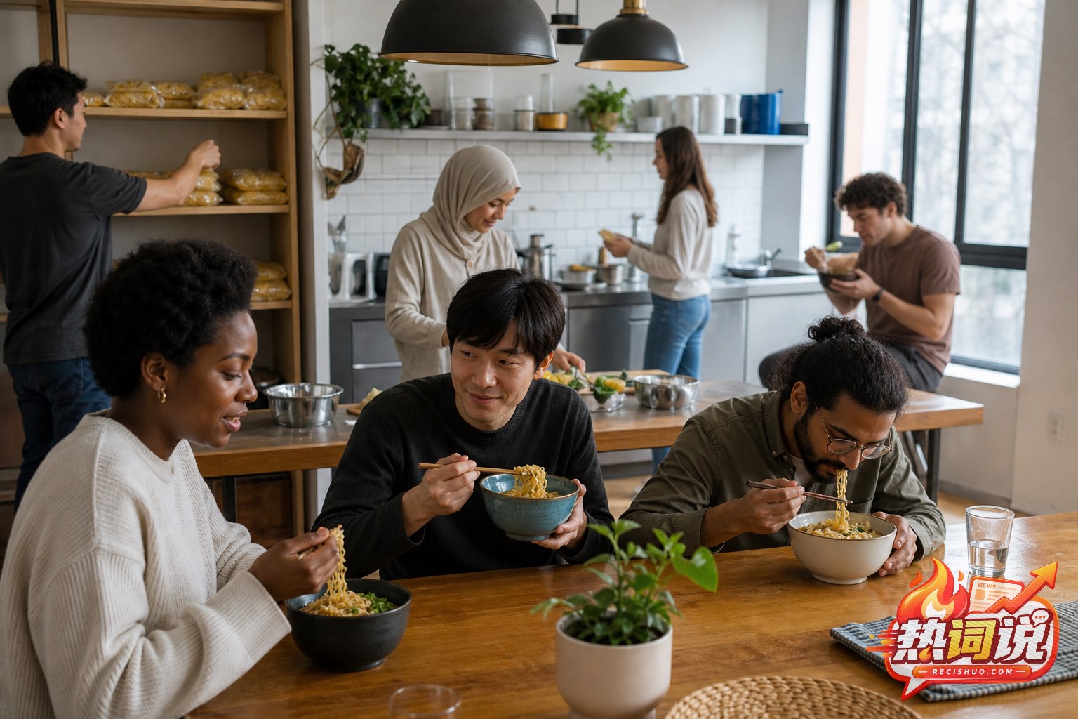 不同背景的用餐者在共享厨房制作和食用方便面