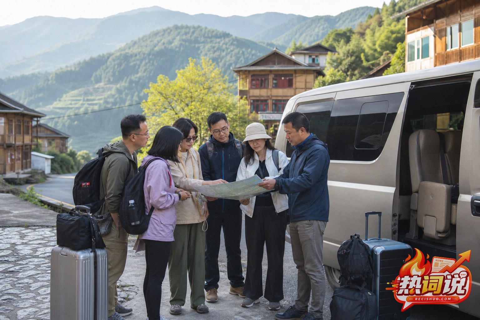 山村道路旁由当地向导服务的小型旅行团