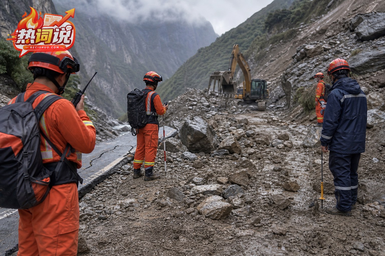 救援人员在泥石流覆盖的山地道路上勘查并配合机械清障