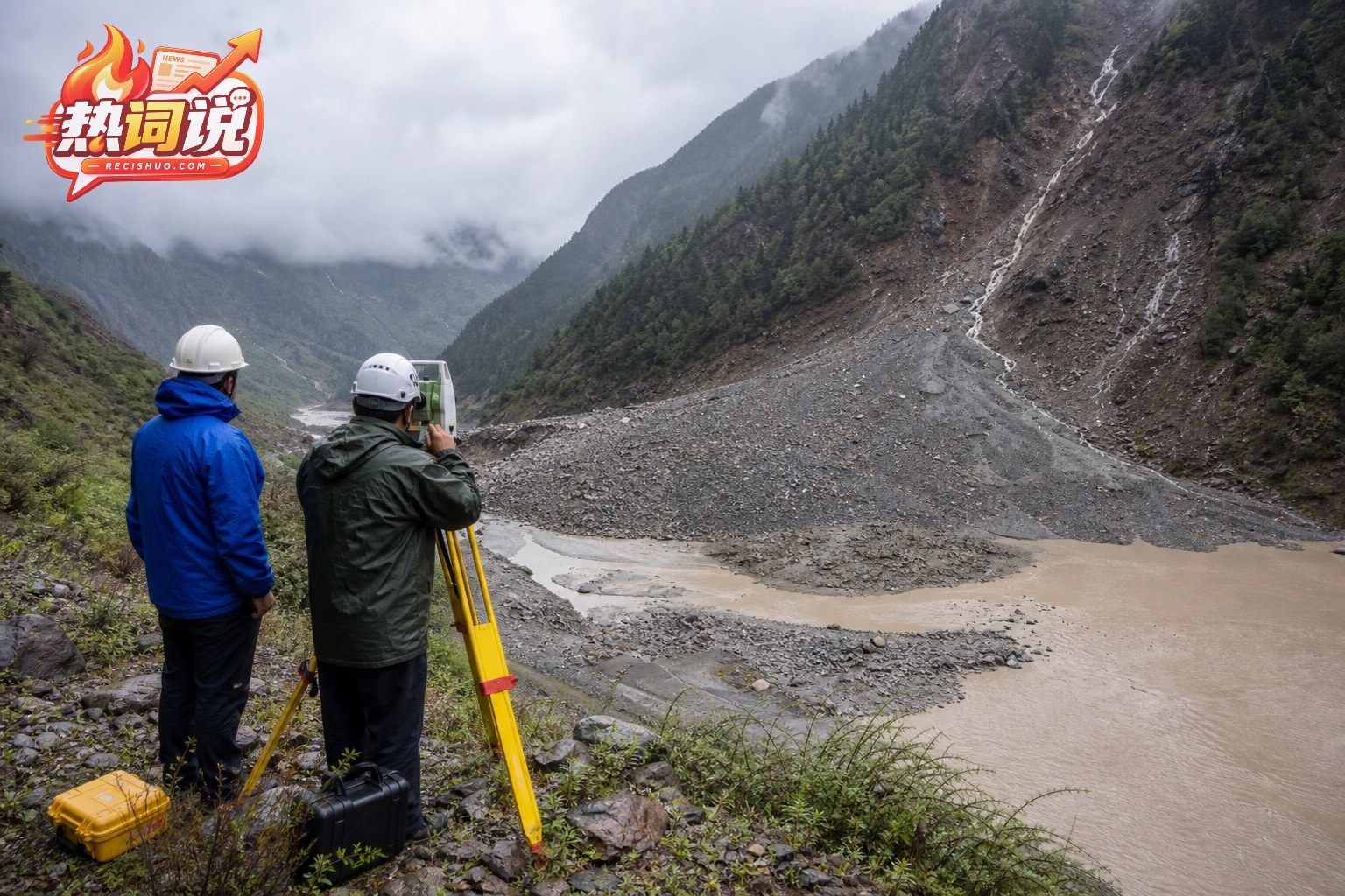 地质技术人员在山谷安全位置监测滑坡体和受阻河道