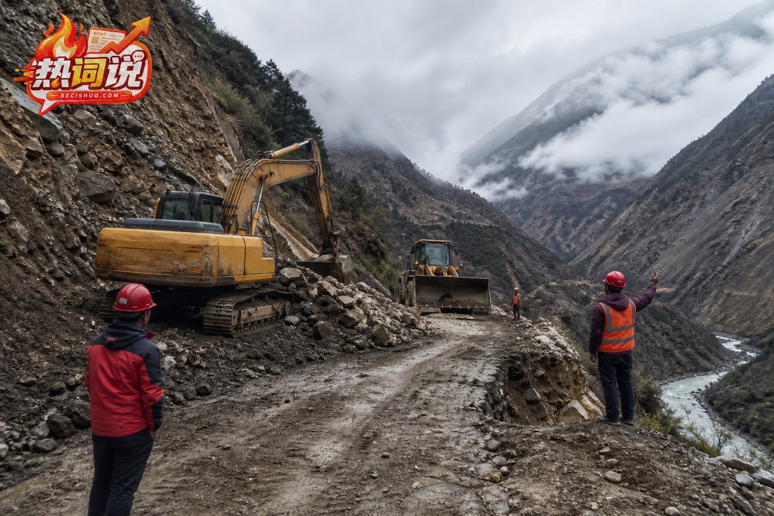 工程机械在高原峡谷受损道路上清理泥石和落石