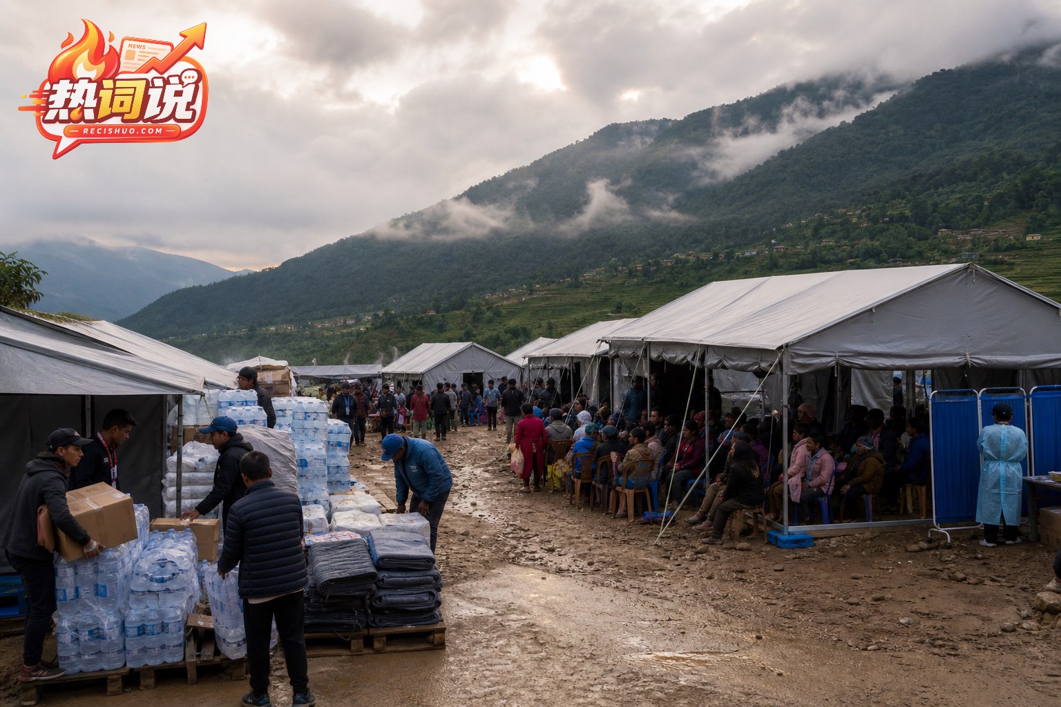 尼泊尔山洪受灾地区临时安置点内分发饮用水和生活物资