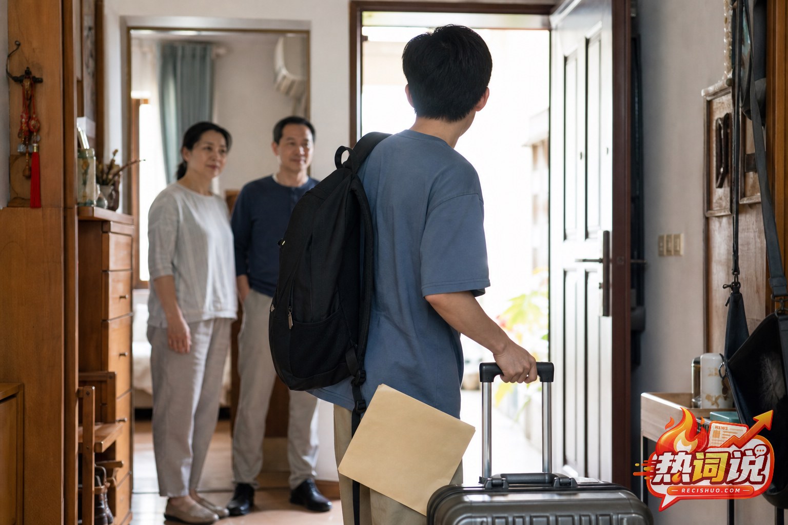 学生拉着行李箱告别父母准备前往省外大学的家庭场景