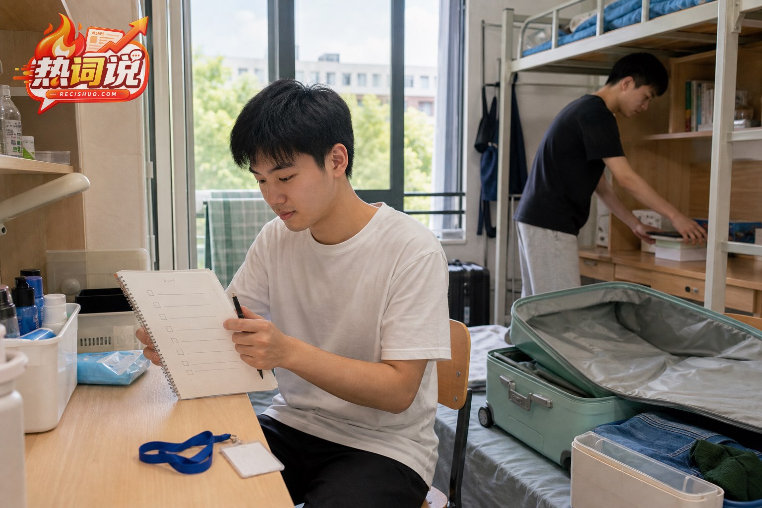 大学新生在外省校园宿舍整理行李和生活用品