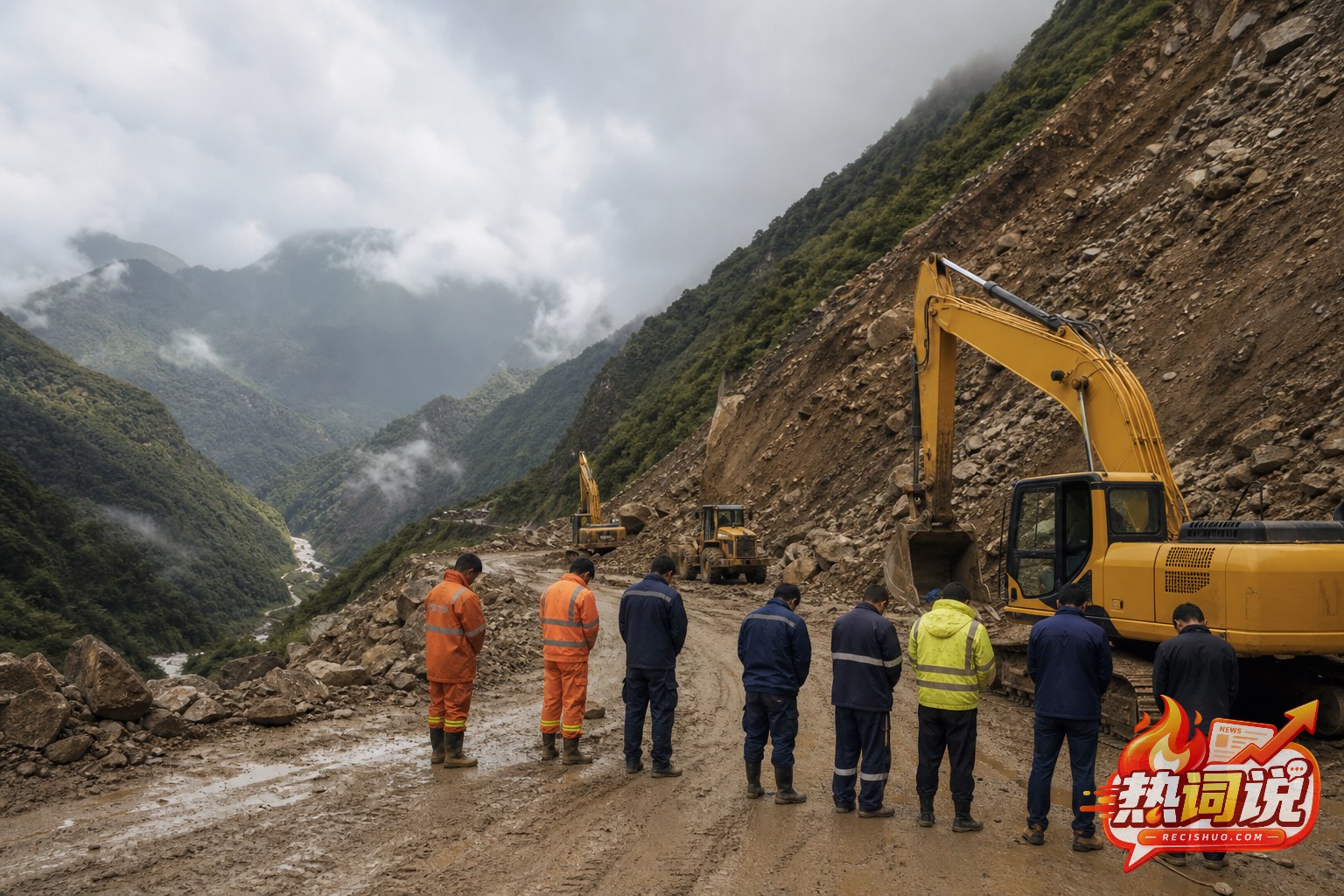 泥石流道路抢通现场救援人员暂停作业默哀的原创示意图