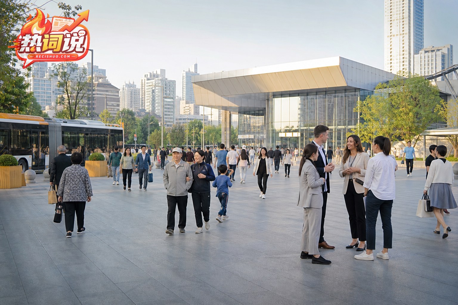 现代中国城市公共空间中市民往来并与国际来访者交流的纪实场景