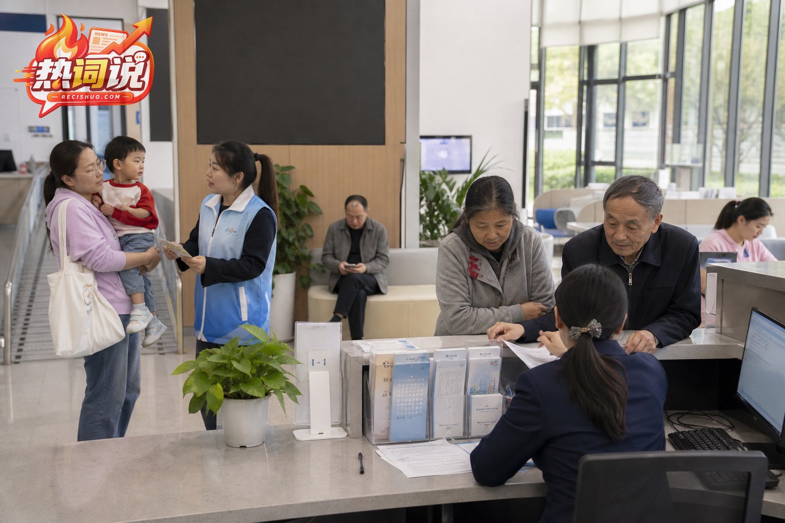 社区综合服务中心内居民与工作人员办理咨询事务的真实场景