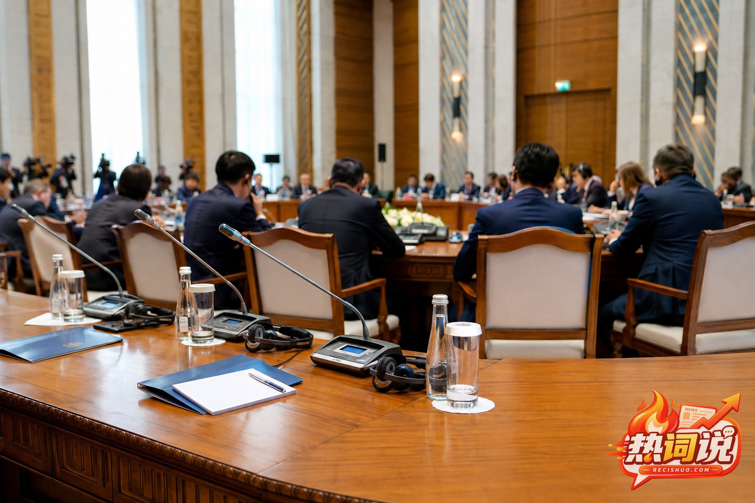 国际会议厅内配有话筒和同声传译设备的多边会议现场