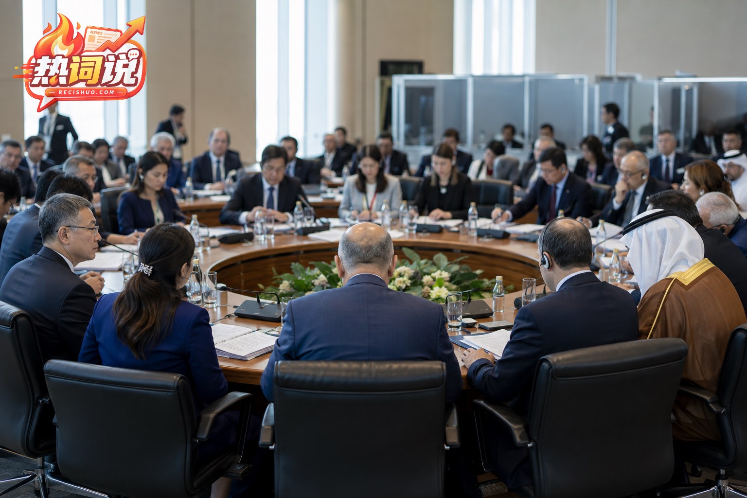 国际会议代表围坐圆桌磋商合作议题的纪实场景