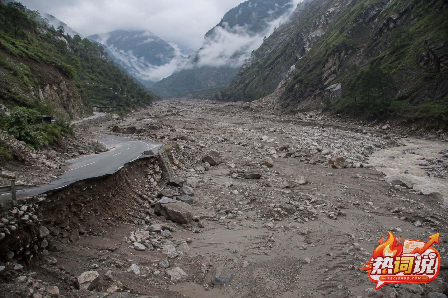 雨后高山峡谷内泥石流堆积物与受损道路的新闻纪实示意图