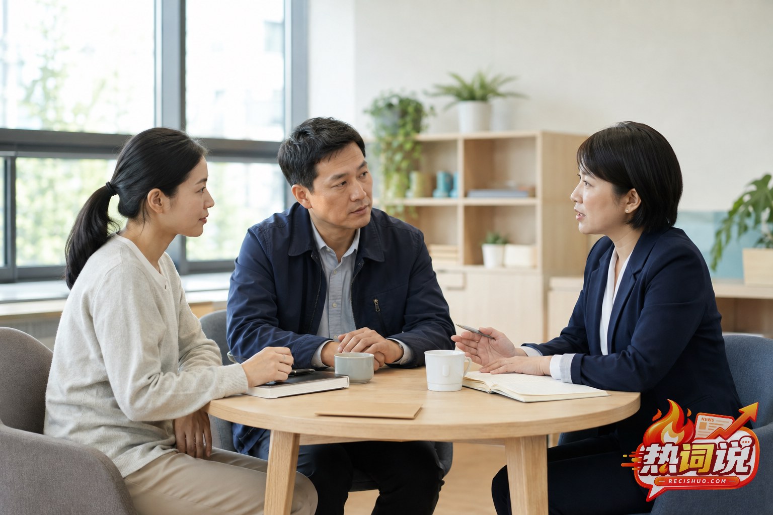 教师与两位家长在学校咨询室平等沟通学生学习情况
