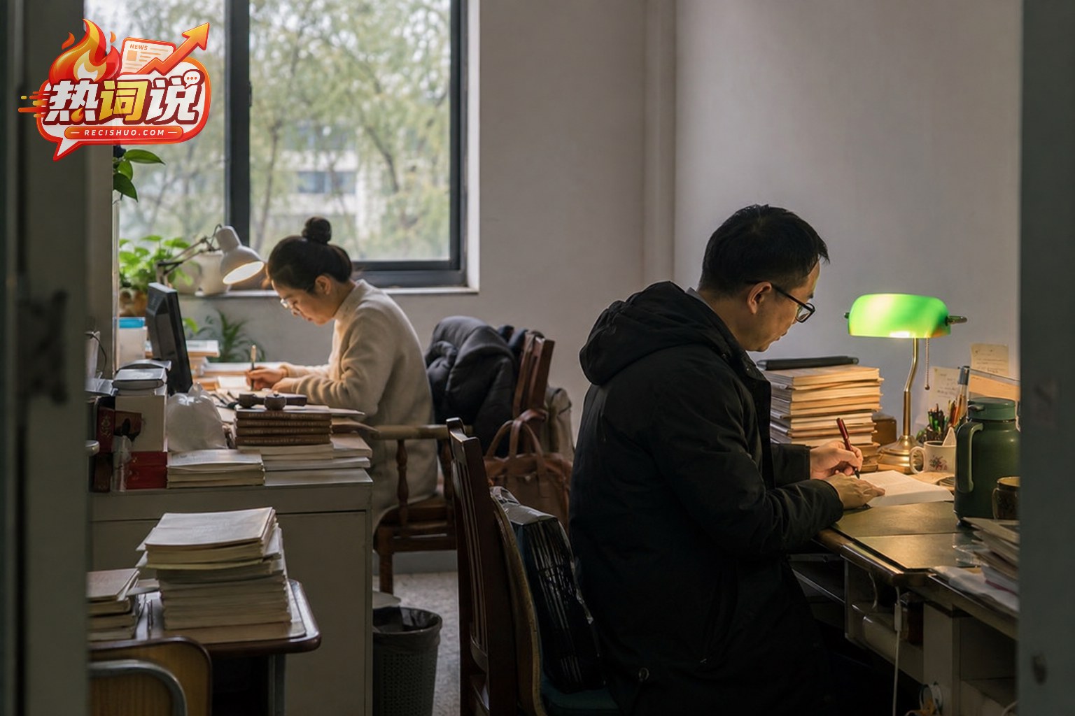 两名教师在办公室备课并整理学生作业