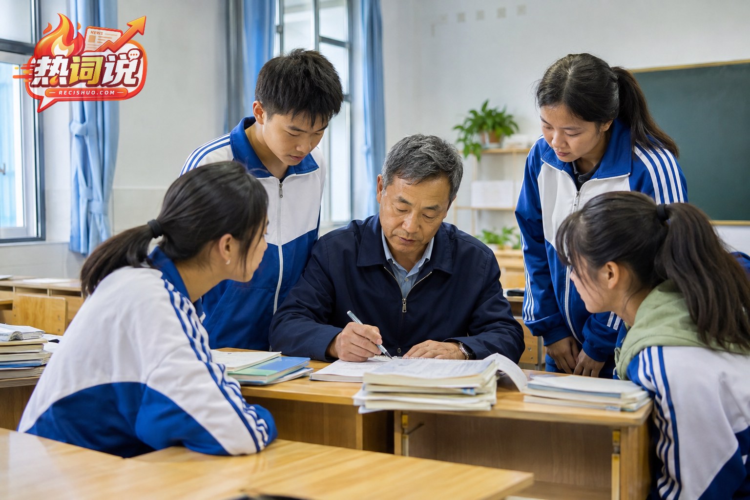 教师在明亮教室里耐心指导多名学生查看学习材料