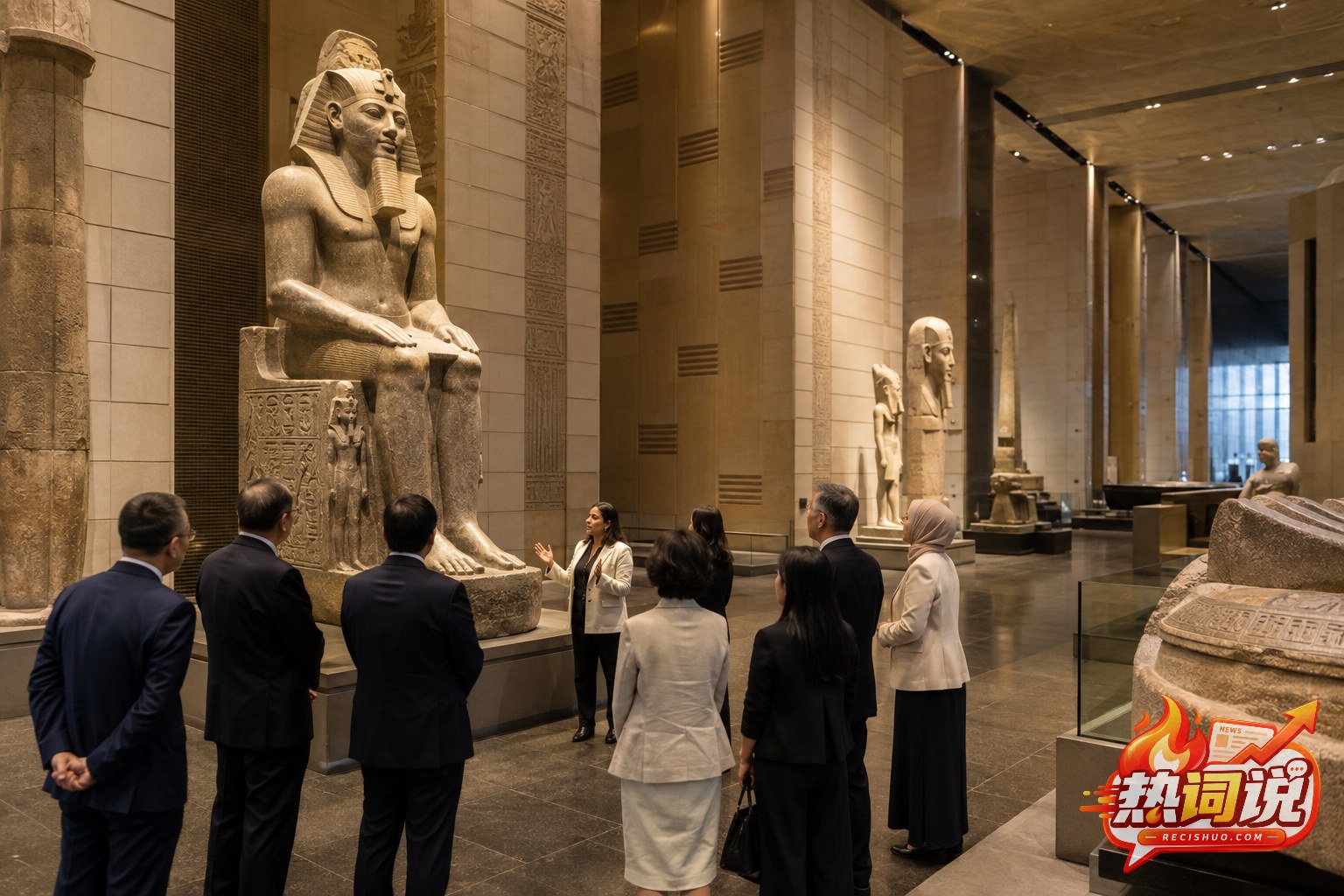中埃双方嘉宾在现代博物馆欣赏古埃及文物的写实新闻专题插画