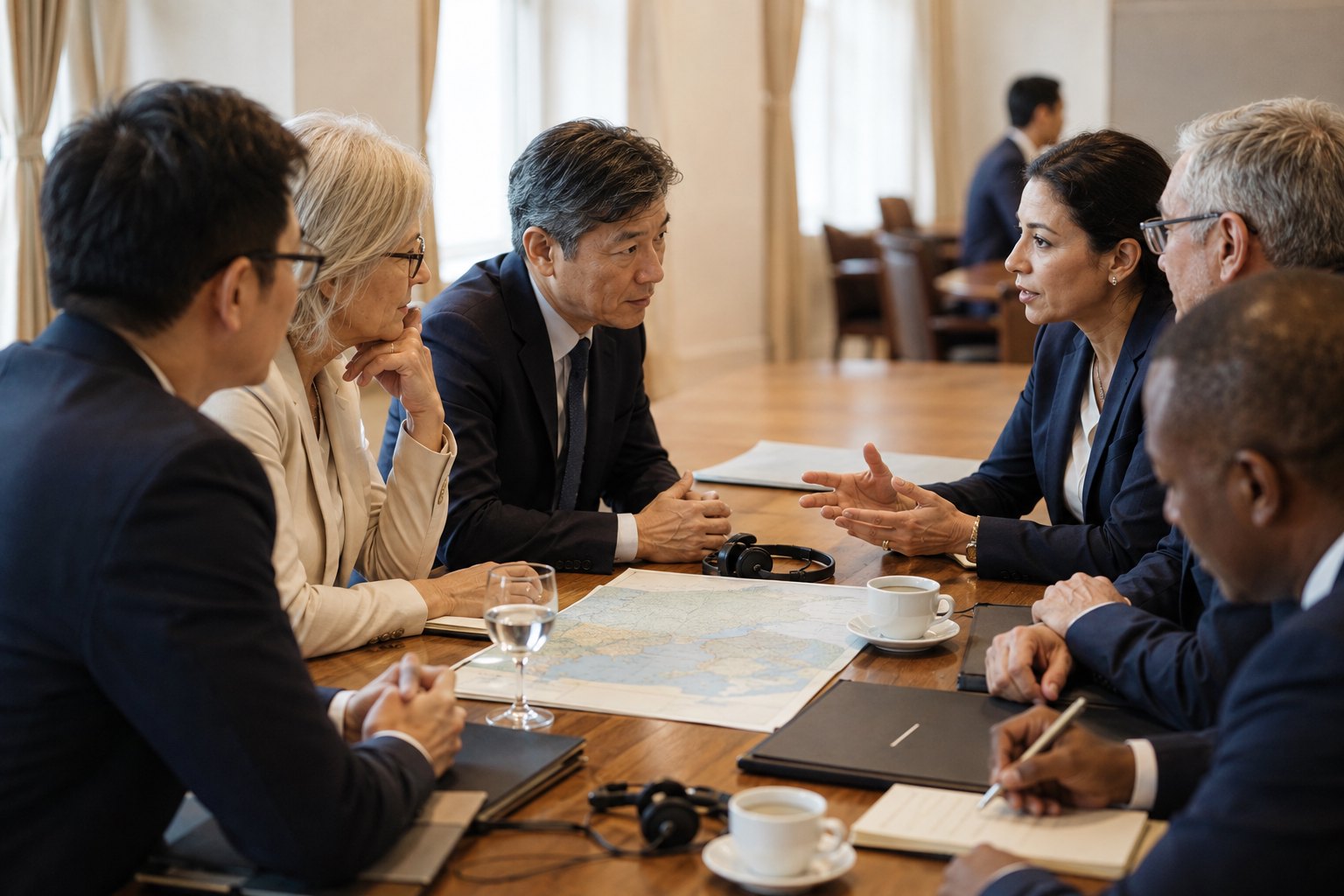 不同文化背景的与会者围桌倾听交流并查看地图